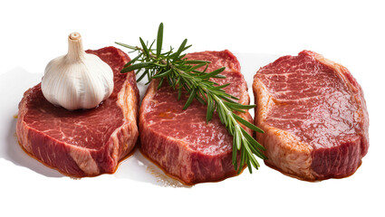 Obraz premium Raw marbled beef steaks with garlic and rosemary sprig