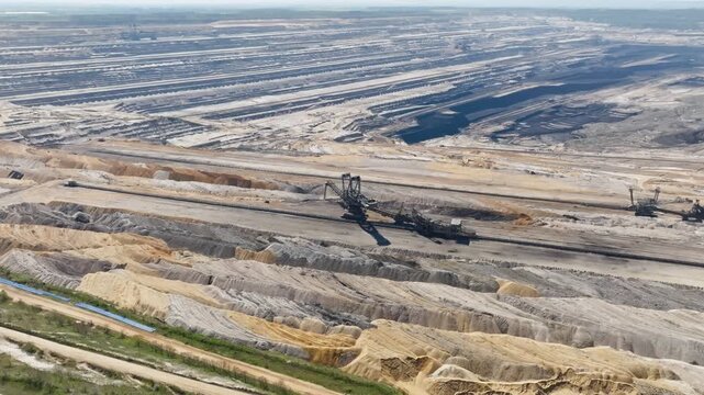 Aerial aproach open cast mine with heavy machinery extracting brown lignite coal with big quarry