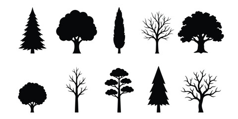 Black tree silhouettes collection, set of 10 vector forest and garden tree icons, minimalist botanical nature elements for landscape design © Khaled