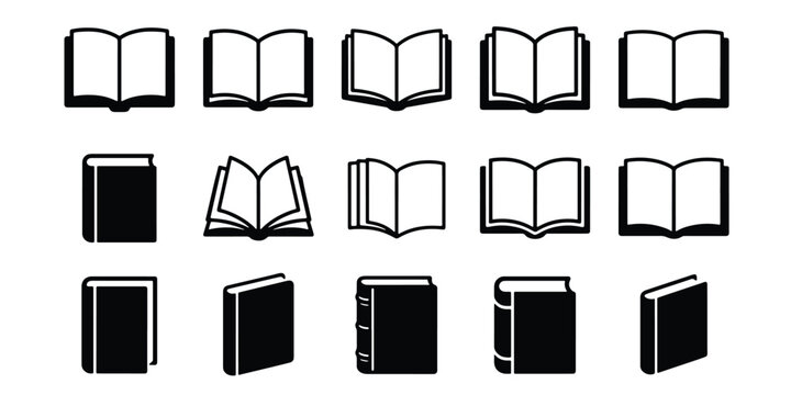 Minimalist book icon set, 15 black and white vector book symbols, open and closed textbook illustrations for education and library UI design