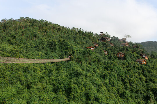 Hillside with stilted villas and suspension bridge over lush tropical rainforest. Yalong Bay Tropical Park on Hainan Island, China. Eco-tourism, adventure, relaxation and nature immersion.