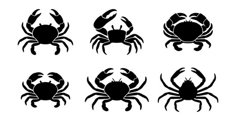 Black crab silhouette icons, set of 6 sea creature vectors, marine animal logo elements © Mamun