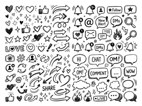 A black and white illustration of various social media icons and symbols, including hearts, stars, and speech bubbles