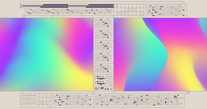 Abstract pastel gradient interface with scrolling data terminal and fluid iridescent motion loop