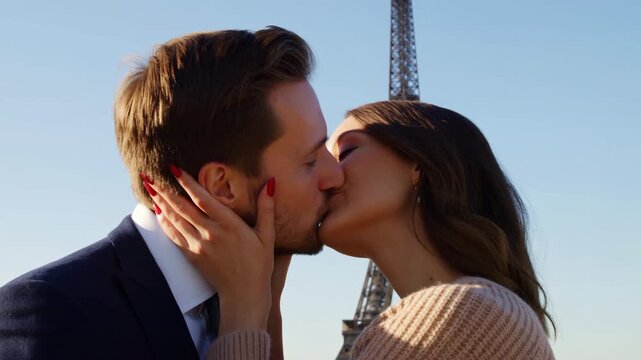 Couple Sharing Tender Paris Kiss. Joyful Pair Exchanging Affection Against Paris Skyline Backdrop