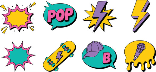 Retro pop art comic style sticker set with lightning bolts skateboard microphone and speech bubbles vector illustration for street fashion. © Rony