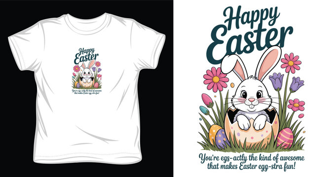 Funny easter bunny popping out of egg tshirt design with humorous pun typography.