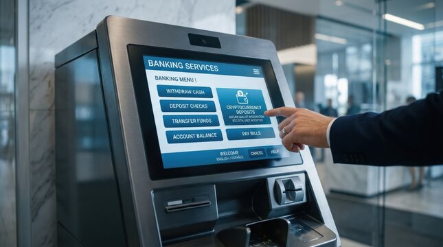 Man's Hand Tapping on 'Cryptocurrency Deposits' Option on a Modern ATM Screen, Highlighting Digital Currency Integration in Banking Services