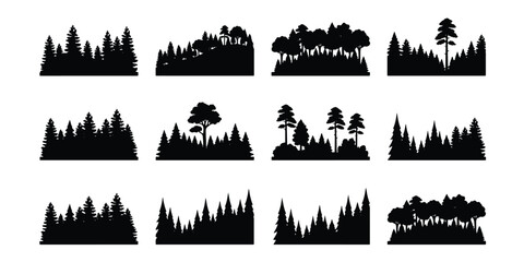 Forest silhouette collection with 12 pine tree wood line elements, black evergreen timber landscape borders, coniferous woodland vector set © Lubna