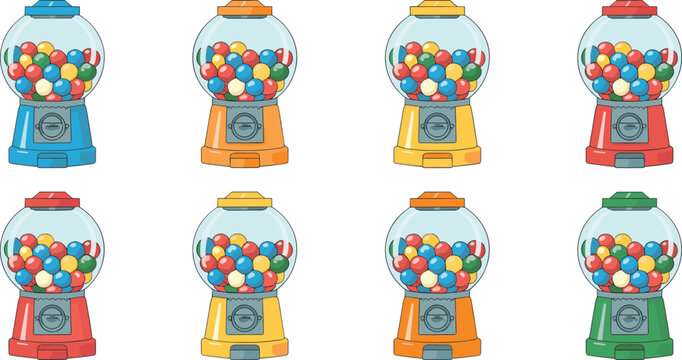 Vintage gumball machine vector set with colorful bubble gum balls isolated on white background for candy shop and childhood nostalgia illustration.