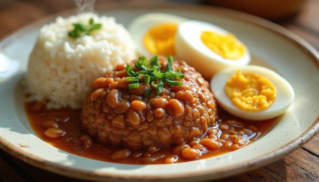 Nigerian moi moi steamed bean pudding served with white rice and sliced hard-boiled eggs on a plate. This savory dish offers a glimpse into West African cuisine and healthy eating habits.
