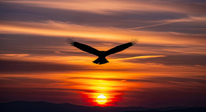 A majestic eagle soars through the vibrant orange and yellow hues of a breathtaking sunset isolated on white background