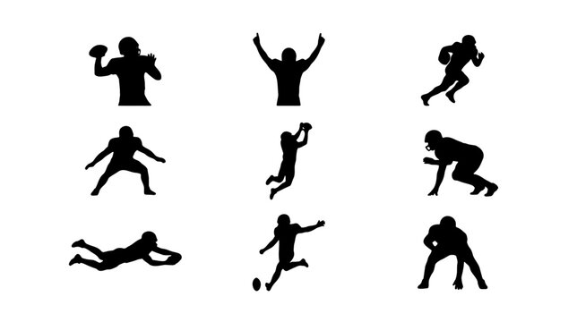 American football player silhouettes, 9 athlete action poses, sports vector set