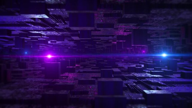 Futuristic Digital Cube Grid Abstract Technology Background cube grid environment neon purple blue lighting. technology backgrounds, digital systems, data structures, virtual environments, and sci-fi