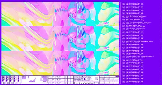 Abstract vaporwave cyberpunk interface with colorful iridescent fluid motion and scrolling terminal code loop