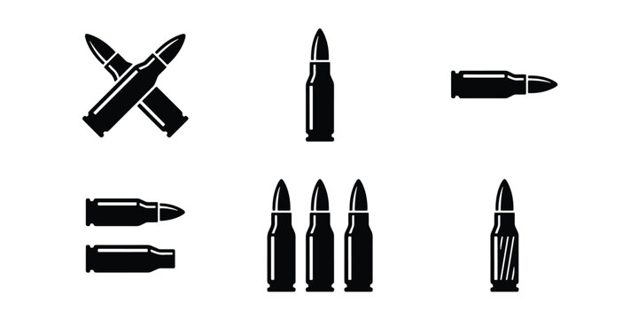 Black bullet icon set, military ammunition vector elements, rifle cartridge silhouettes for hunting and defense graphics