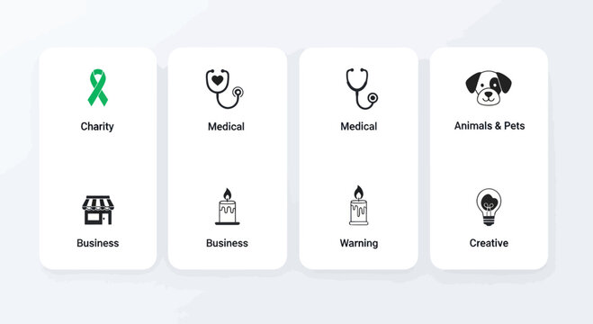 Collection of Icons: Charity, Medical, Business, Animals, Warning, Creative