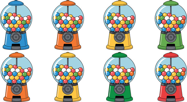 Vintage gumball machine vector set with colorful bubble gum balls isolated on white background for candy shop and childhood nostalgia illustration