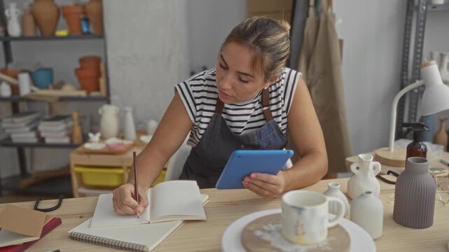 Woman in apron writing in a notebook while holding a blue tablet and sketching pottery in a studio; creative focus.