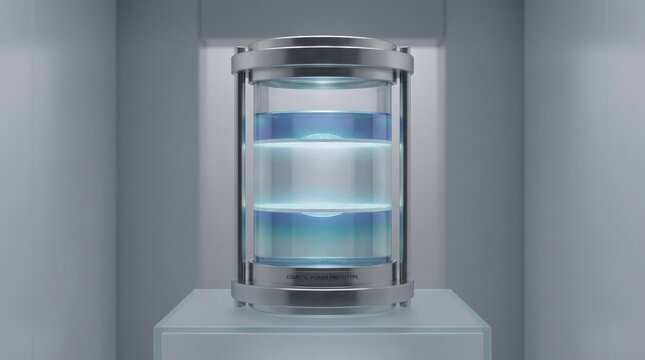 Transparent osmotic energy chamber displayed in a pristine laboratory alcove, illustrating salinity gradient power, fluid balance, and blue luminescence within a serene research environment
