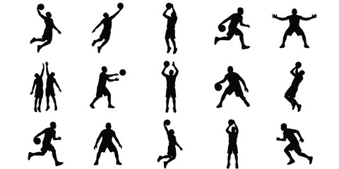 Basketball player silhouettes set, 15 black vector icons of athletes playing ball, sports action poses including dunking and dribbling © Ariful