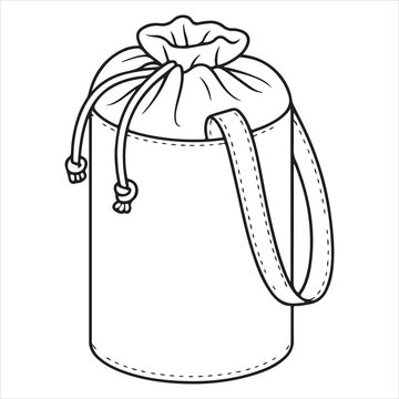 A black and white drawing of a drawstring bag