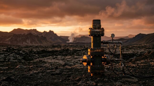 Geothermal wellhead standing on a volcanic plain at sunset, portraying resilient subterranean heat capture, rugged clean power infrastructure, and a renewable energy source conceptual image