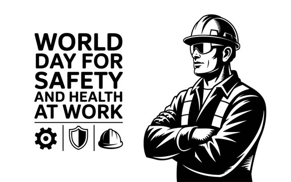 World Day for Safety and Health at Work banner featuring worker in hard hat goggles