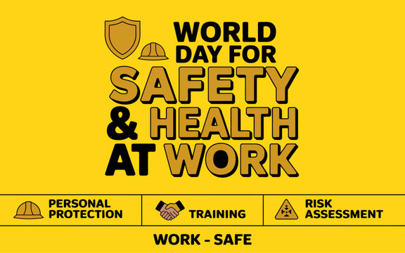 World Day for Safety and Health at Work professional banner featuring industrial icons in gold design