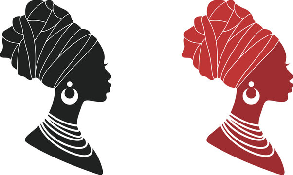 Elegant African woman silhouette with headwrap and jewelry in traditional cultural style