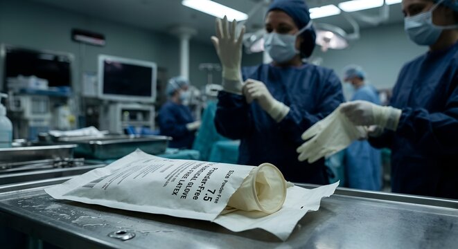 Healthcare workers donning blue nitrile gloves before a procedure, perfect for operating room safety, teamwork, and aseptic technique