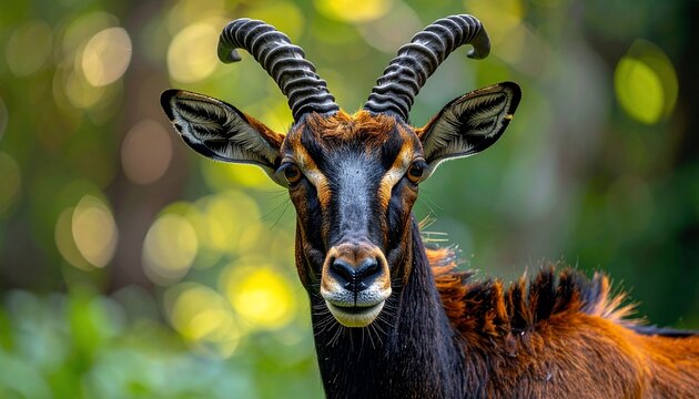 Close-up of a Nilgiri Tahr with curved horns.