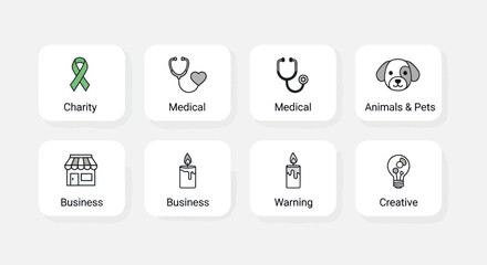 Fototapeta premium Collection of modern icons for charity, medical, business, pets, and creative ideas.