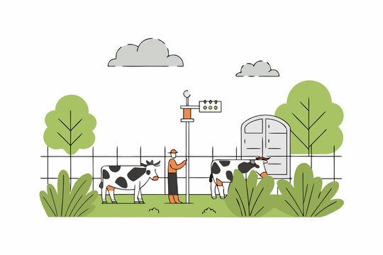 A farmer tending to cows near a barn in a rural landscape
