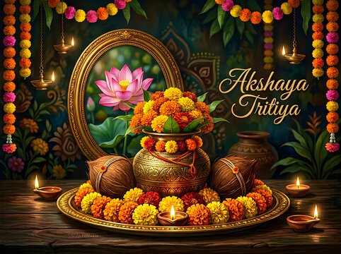 Decorative arrangement for Akshaya Tritiya festival with flowers coconuts lamps and a lotus reflection in a gilded frame
