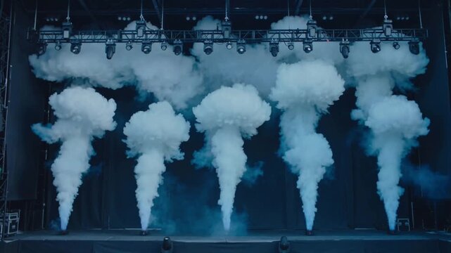 Stage with multiple smoke machines emitting white plumes of smoke fog machine