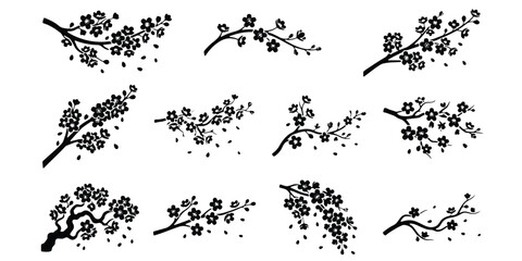 Japanese cherry blossom silhouettes, set of 11 black sakura flower branches, floral vector elements for wedding invitations and asian decor © Tanzina