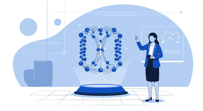 Innovative businesswoman presenting complex data model on a futuristic stage setup