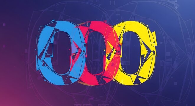 Abstract colorful typography of the letter O repeated three times with glitch effects