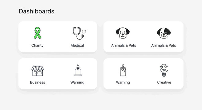 Dashboard UI with Icons: Charity, Medical, Pets, Business, Warning, Creative