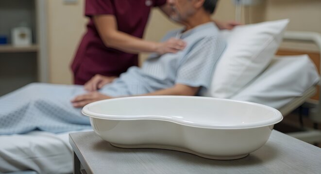 Clean bedpan resting on a bedside table in a hospital room, representing patient hygiene, nursing assistance, and palliative care