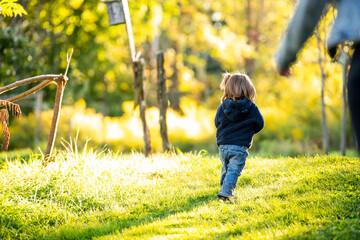 A small toddler in a fleece jacket and jeans walks away from the camera through a park bathed in golden autumn light, trees glowing behind them in a classic childhood independence image. © Jeanne Sager Photo