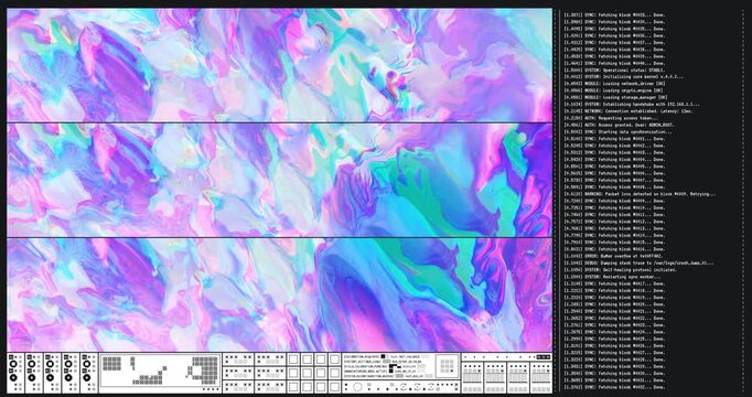 Abstract vaporwave cyberpunk interface with colorful iridescent fluid motion and scrolling terminal code loop