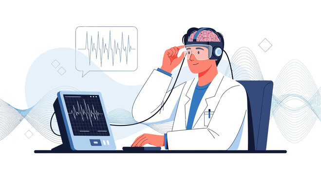 Innovative neurologist evaluating brain activity using advanced scanning technology for research