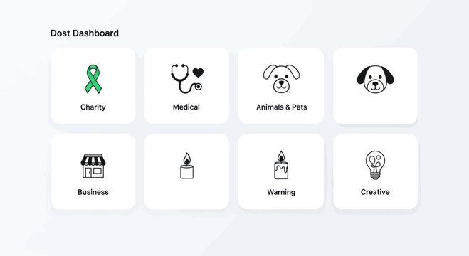 Dost Dashboard UI with Icons: Charity, Medical, Pets, Business, Warning, Creative