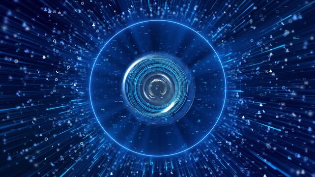 Advanced digital eye interface streaming data circular UI layers. artificial intelligence vision, biometric scanning, monitoring, futuristic surveillance systems tech visualization cybernetic design.