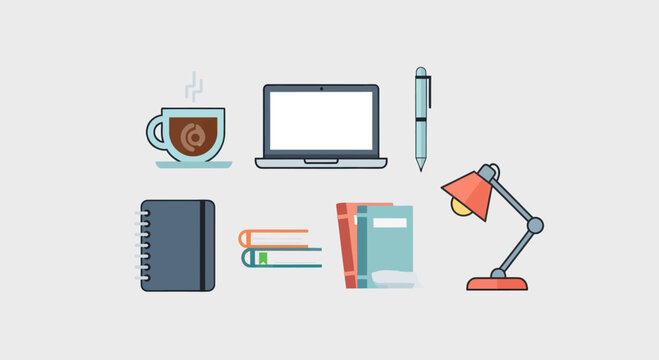 Flat Design Workspace Icons: Laptop, Coffee, Books, Lamp, Notebook, Pen