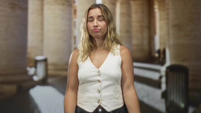 Young blonde woman with arms crossed and pursed lips standing before large stone columns in a public building; annoyance.