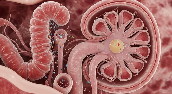 Detailed 3D illustration of a nephron showing glomerulus Bowman's capsule and renal tubule with blood vessels and filtrate particles