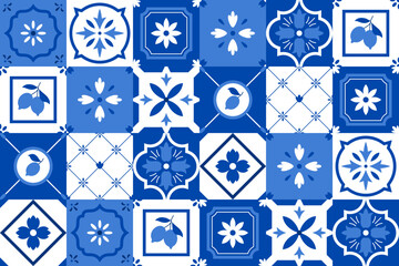 Naklejka premium A seamless geometric pattern in a Mediterranean style with blue and white Amalfi ceramic tiles.